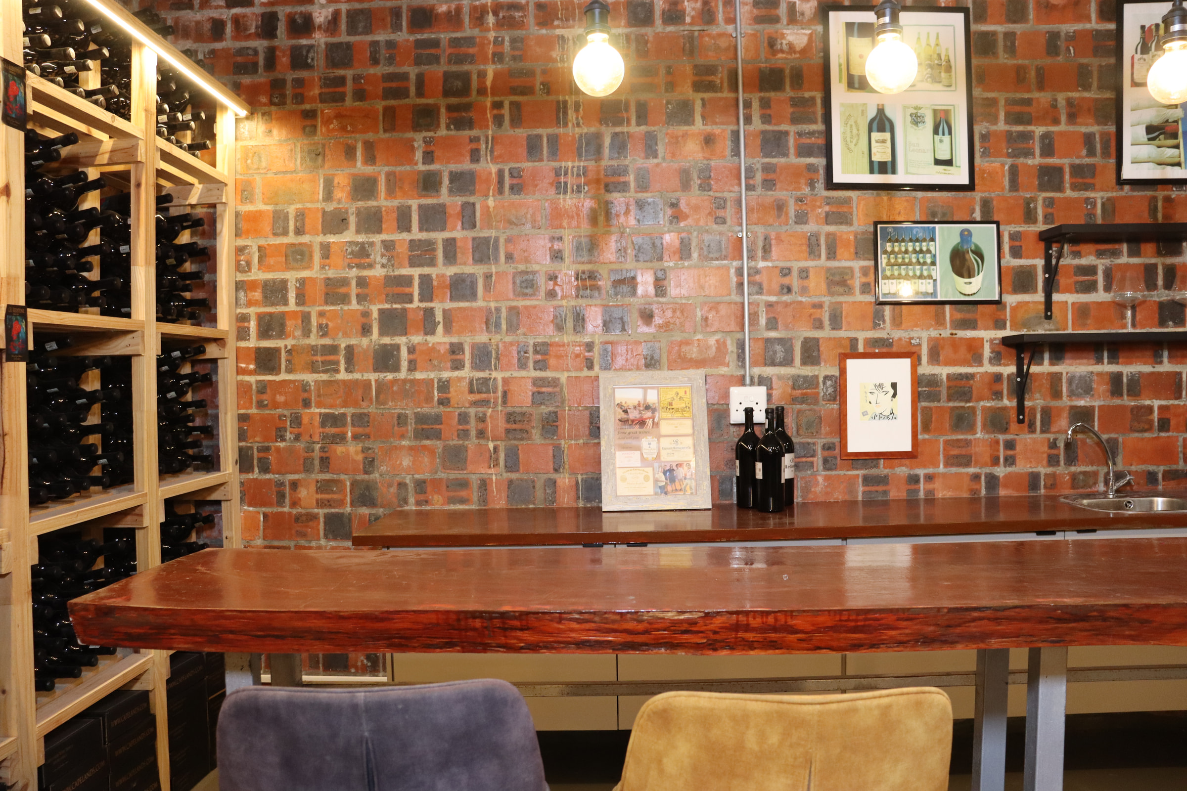 The tasting bar in the cellar: a long wooden counter against a brick wall, lit by hanging bulbs, with wine racks to one side